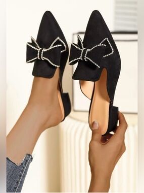 Black Bow-Accent Pointed Toe Slingback Flats